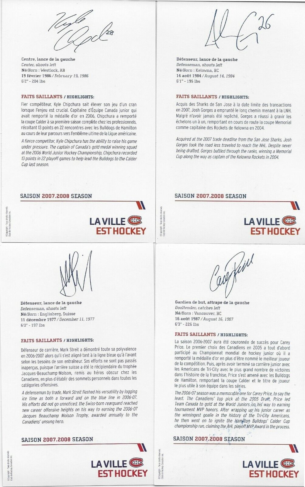 23 Autographed Price Koivu Huet Montreal Canadiens Postcard 2007-08 Original +2