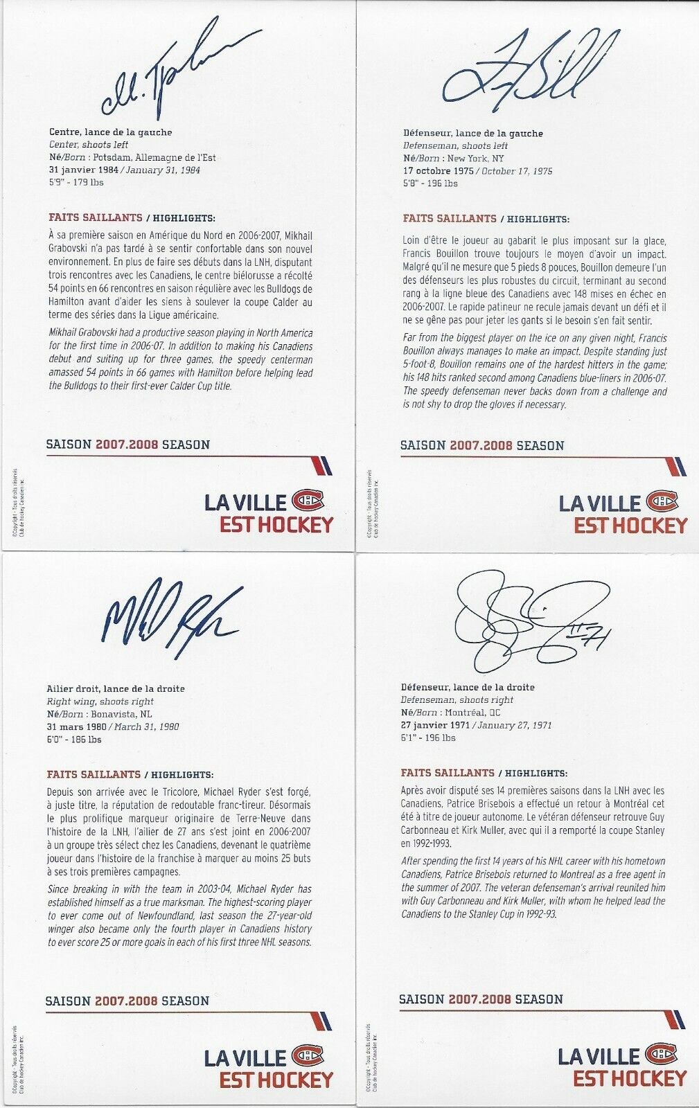 23 Autographed Price Koivu Huet Montreal Canadiens Postcard 2007-08 Original +2