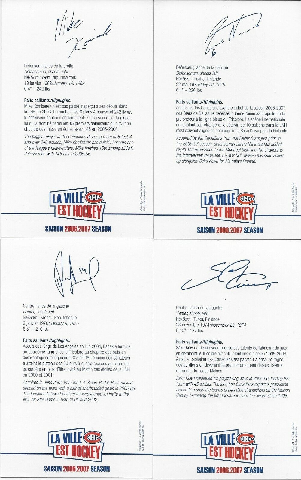 23 Autographed Price Koivu Ryder Montreal Canadiens Postcard 2006-07 Original +1
