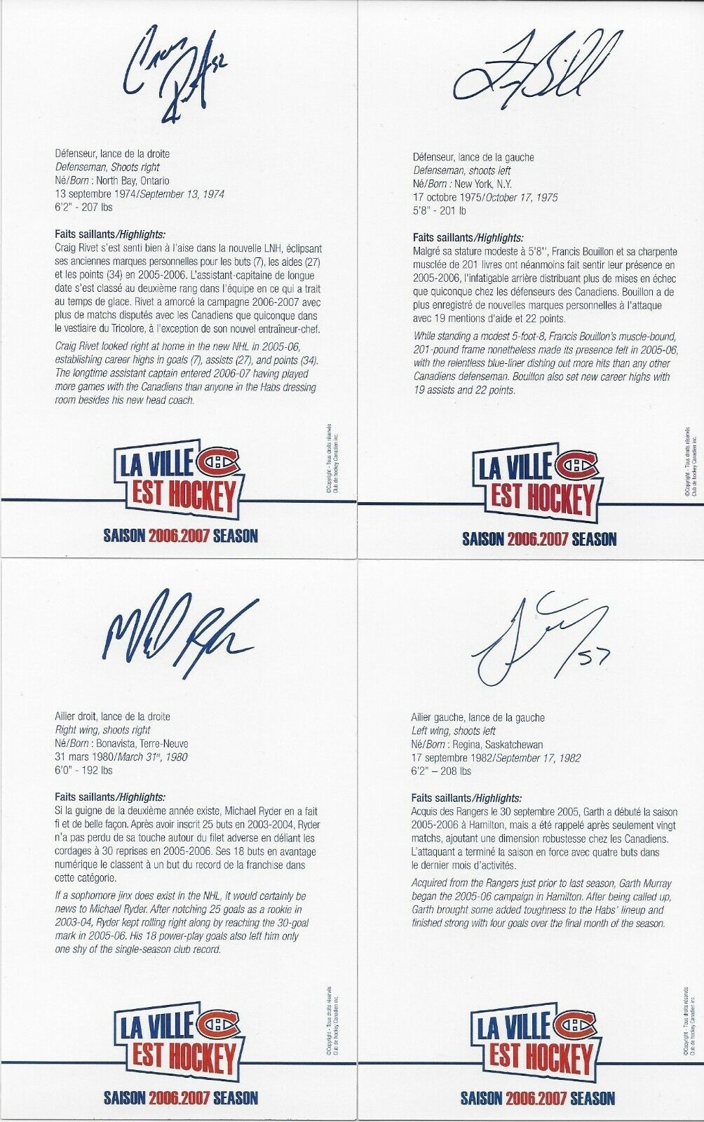 23 Autographed Price Koivu Ryder Montreal Canadiens Postcard 2006-07 Original +1