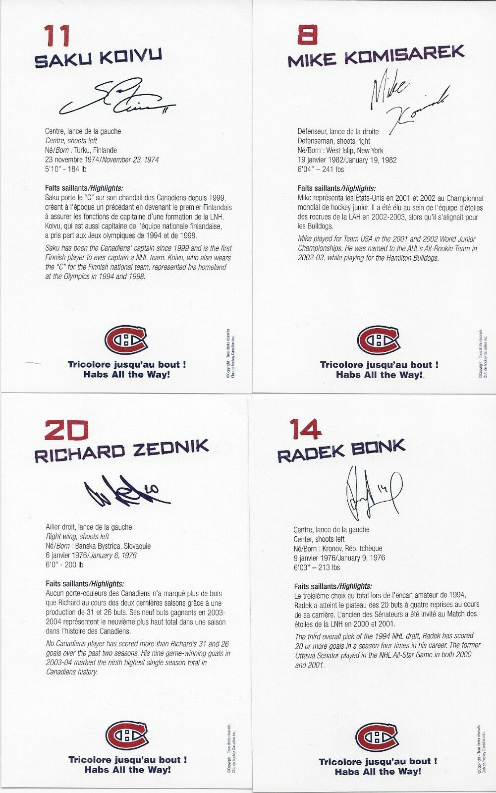 21 Auto. Koivu Zednik Huet Montreal Canadiens Postcard Set 2005-06 Original +3