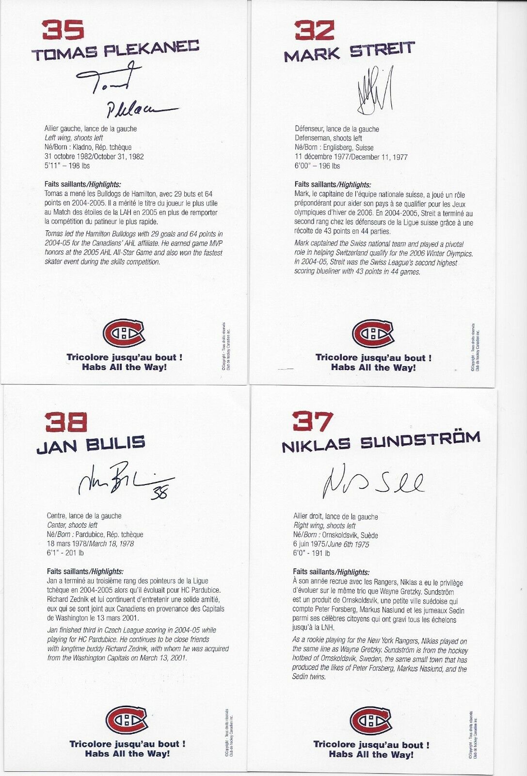 21 Auto. Koivu Zednik Huet Montreal Canadiens Postcard Set 2005-06 Original +3