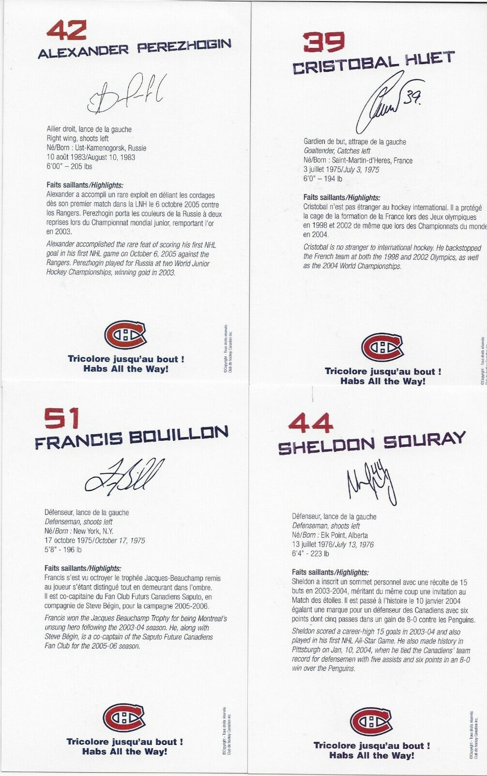 21 Auto. Koivu Zednik Huet Montreal Canadiens Postcard Set 2005-06 Original +3