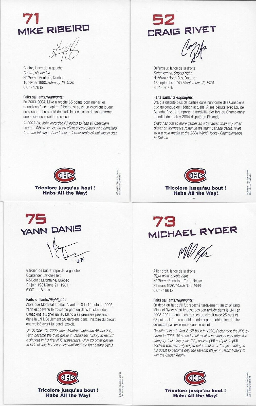 21 Auto. Koivu Zednik Huet Montreal Canadiens Postcard Set 2005-06 Original +3