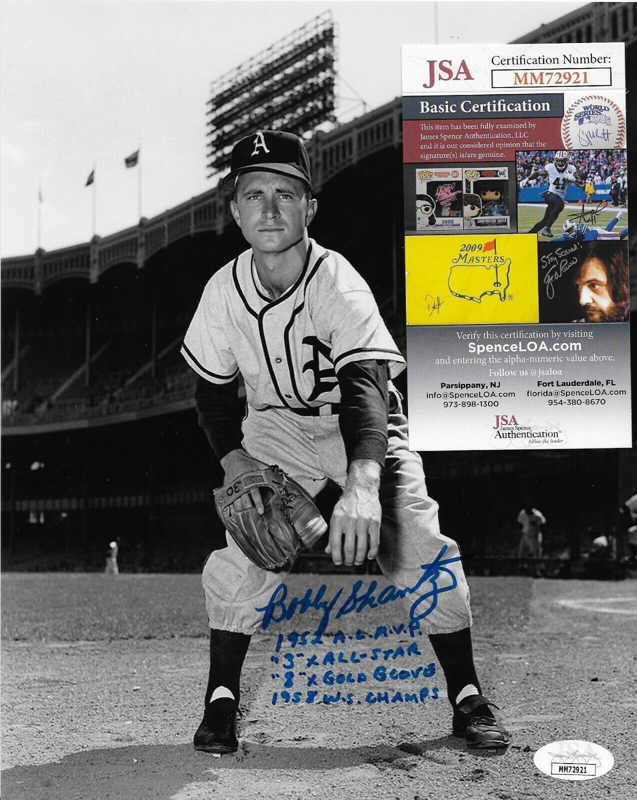 Auto. Kansas City Athletics Bobby Shantz 8x10 Photo with JSA and 4 Inscriptions