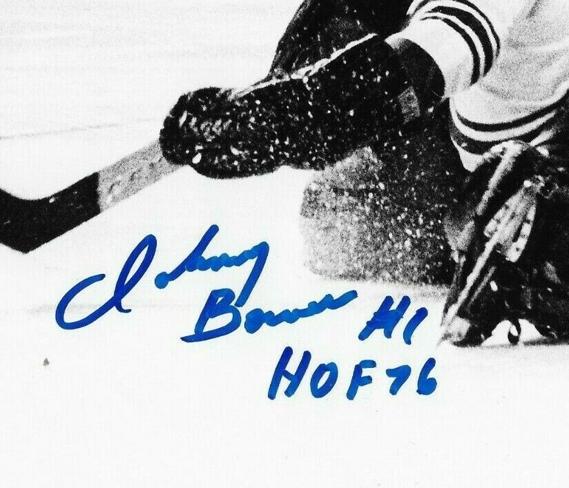 Auto. Toronto Maple Leafs Johnny Bower 8x10 Photo with Hall of Fame Inscription