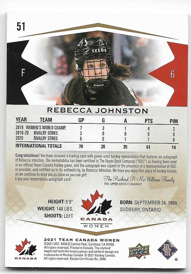 2021 Team Canada Rebecca Johnston auto patch 135/199