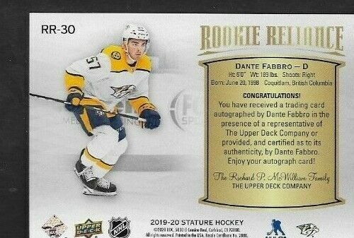 2019-20 Upper Deck Stature Dante Fabbro Rookie Reliance Autographed Card