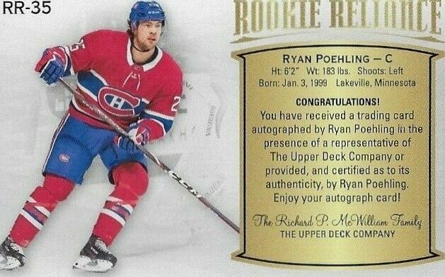 Carte autographiée de la recrue Reliance de Ryan Poehling de la Stature Upper Deck 2019-20