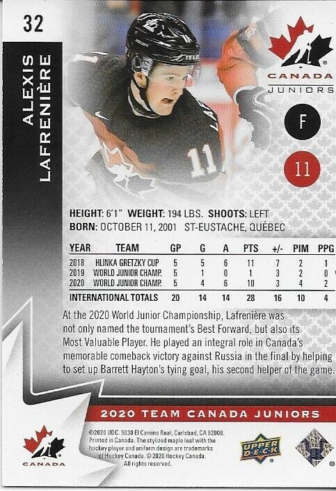 2020 Upper Deck Team Canada Juniors Alexis Lafreniere Card #32