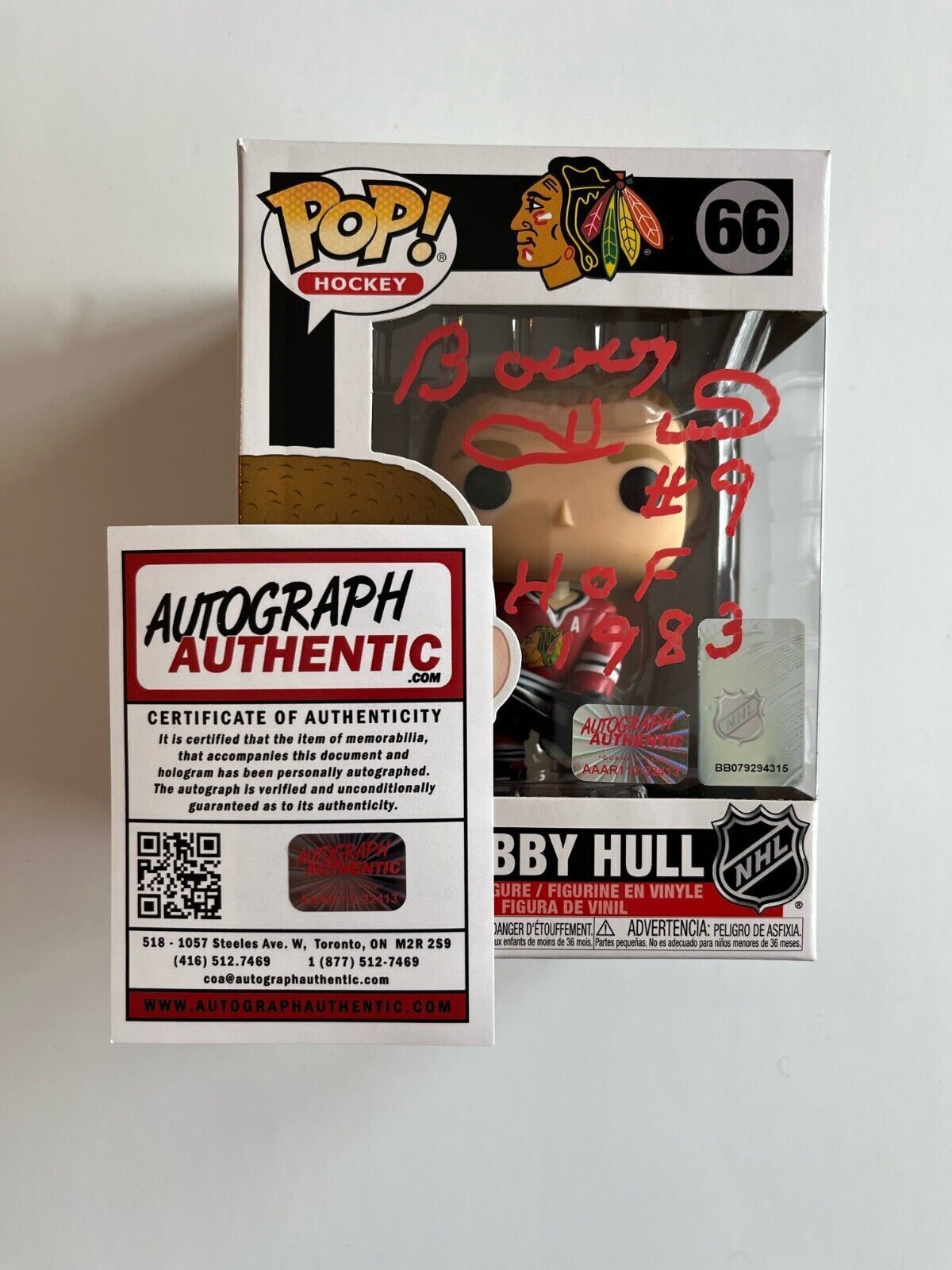 Autographed Chicago Blackhawks Signed Bobby Hull Funko pop w/inscription COA