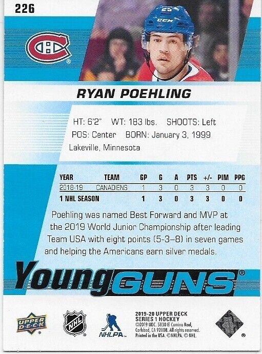 Autographed 2019-20 UD Montreal Canadiens Young Guns Ryan Poehling Rookie Card