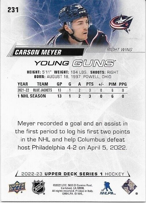Carte de recrue autographiée UD Columbus Blue Jackets Young Guns Carson Meyer 2022-23