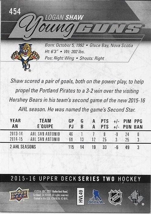 Autographed 2015-16 UD Florida Panthers Young Guns Logan Shaw Rookie Card
