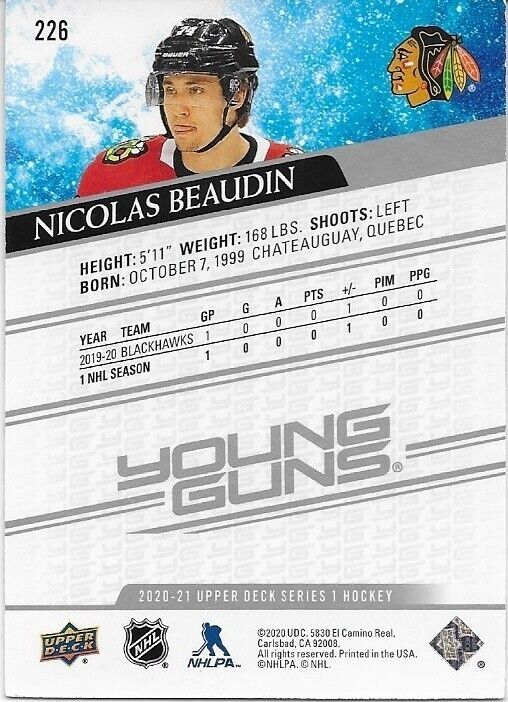 Carte de recrue autographiée UD 2020-21 des Young Guns des Chicago Blackhawks Nicolas Beaudin