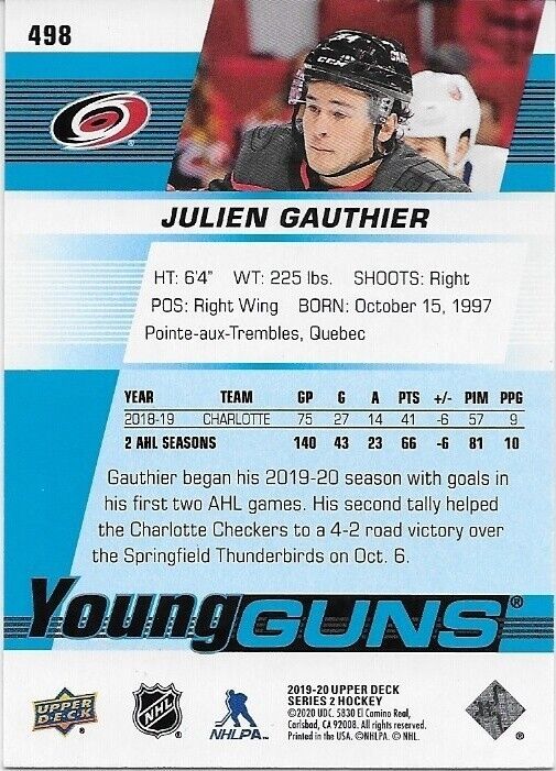 Carte de recrue autographiée UD 2019-20 des Hurricanes de la Caroline Young Guns Julien Gauthier