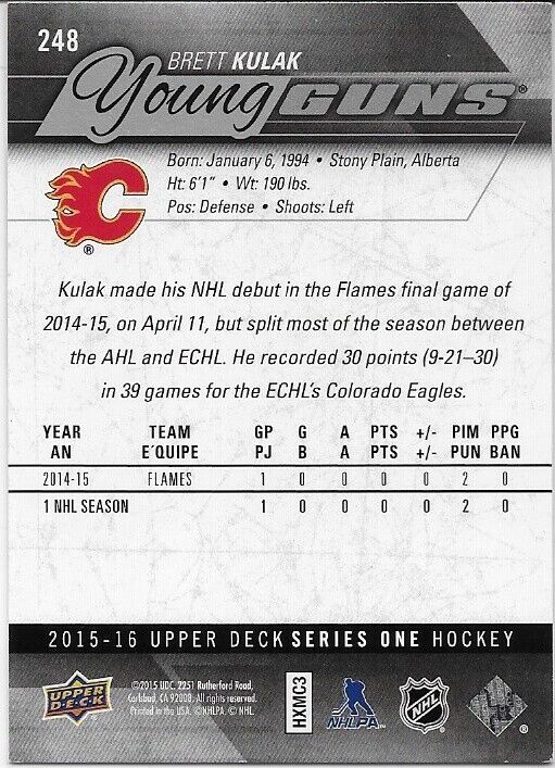 Autographed 2015-16 UD Calgary Flames Young Guns Brett Kulak Rookie Card