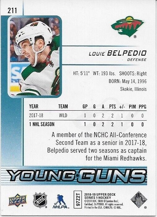 Carte de recrue autographiée UD 2018-19 de Louie Belpedio des Young Guns du Minnesota Wild