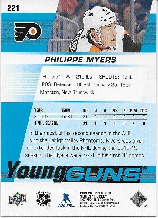 Autographed 19-20 Upper Deck Philadelphia Flyers Young Guns Philippe Myers Card