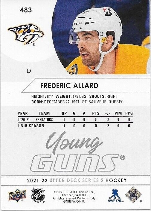 Carte de recrue signée Frederic Allard Young Guns 2019-20 UD Nashville Predators