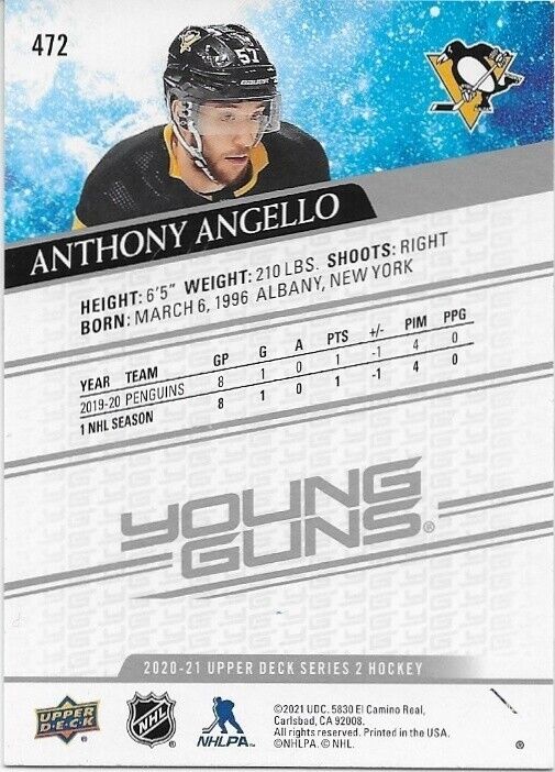 Autographed 20-21 Upper Deck Pittsburgh Penguins Young Guns Anthony Angello Card