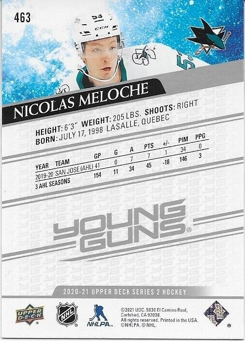 Autographed 20-21 UD San Jose Sharks Young Guns Nicolas Meloche Rookie Card