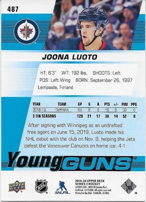 Autographed 2019-20 UD Winnipeg Jets Young Guns Joona Luoto Rookie Card