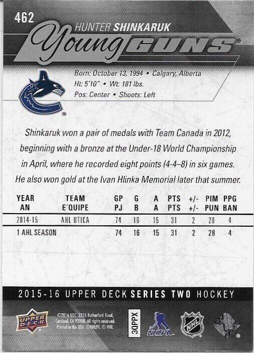 Autographed 2015-16 UD Vancouver Canucks Young Guns Hunter Shinkaruk Rookie Card