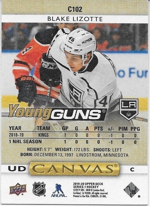 Autographed 2019-20 UD Los Angeles Kings Young Guns Canvas Blake Lizotte Card
