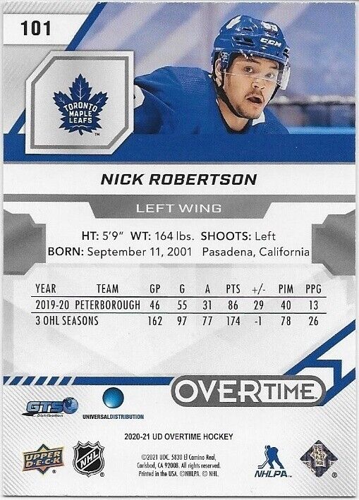 Autographed 20/21 UD Overtime Hockey Nick Robertson Rookie Card Original Blue