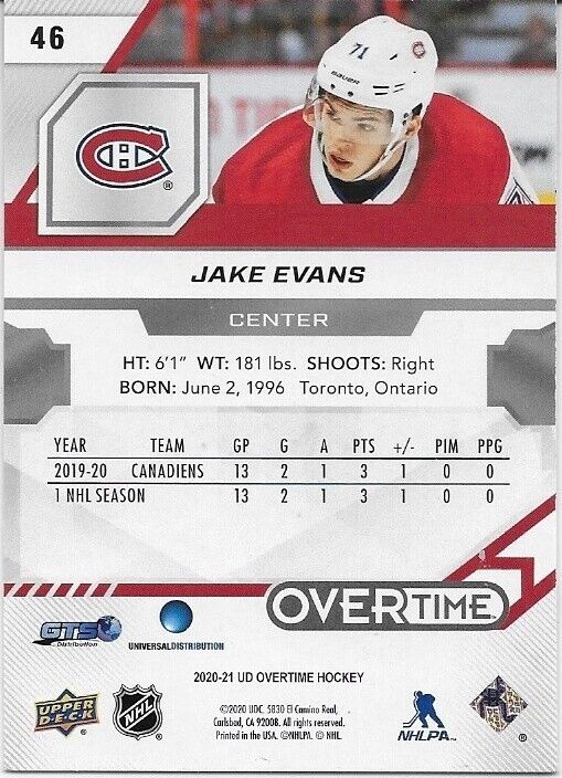 Carte de recrue autographiée 20/21 UD Overtime Hockey Jake Evans des Canadiens de Montréal