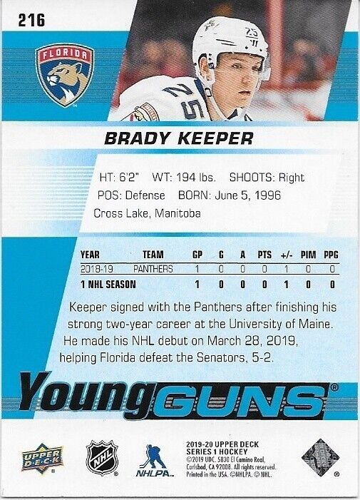 Carte de recrue gardienne Brady Young Guns des Florida Panthers 2019-20 autographiée