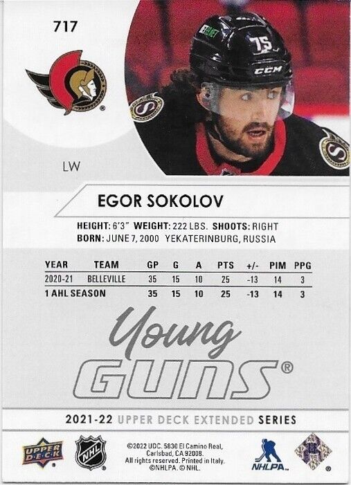 Autographed 21-22 Upper Deck Ottawa Senators Young Guns Egor Sokolov Rookie Card