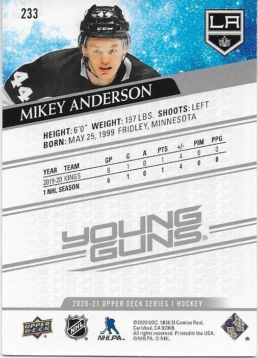 Carte de recrue autographiée UD 2020-21 des Los Angeles Kings Mikey Anderson Young Guns