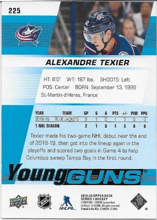 Autographed 19-20 UD Columbus Blue Jackets Young Guns Alexandre Texier Rookie Cd