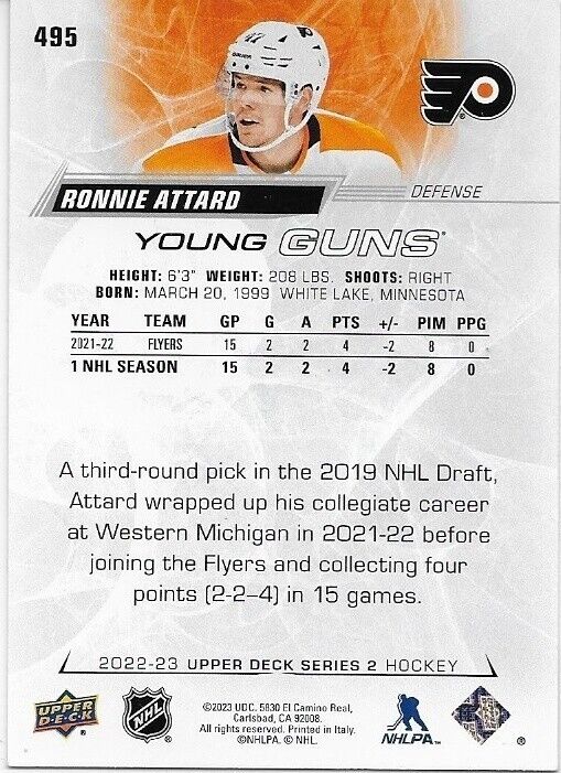 Autographed 22-23 UD Philadelphia Flyers Young Guns Ronnie Attard Rookie Card