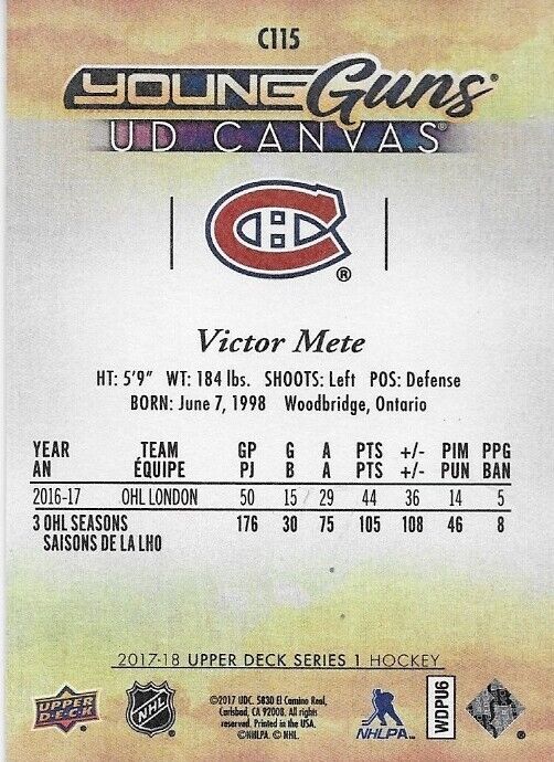 Autographed 17-18 UD Montreal Canadiens Young Guns Canvas Victor Mete Rookie Crd
