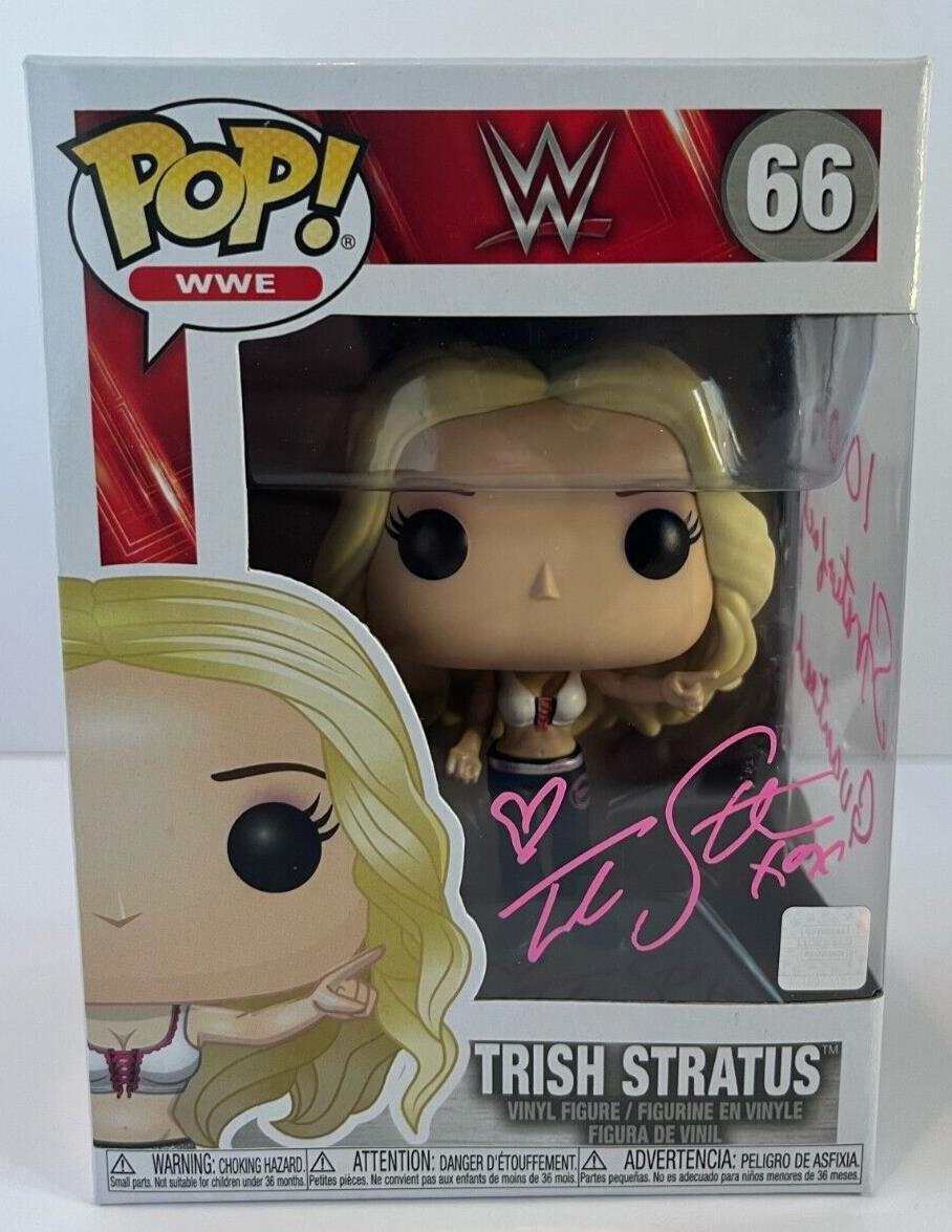 Autographed Trish Stratus signed WWE Pop Funko JSA Wrestling with inscription