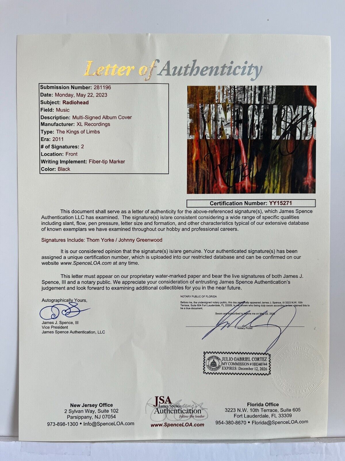 Autographed Radiohead King of Lambs LP signed Vinyl JSA Thom Yorke Jonny