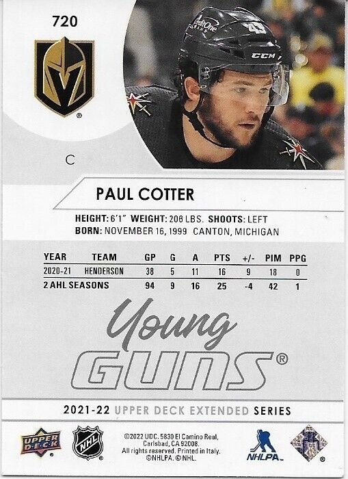 Carte de recrue autographiée Paul Cotter des Vegas Golden Knights Young Guns de la saison 21-22