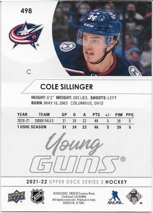 Carte de recrue autographiée Cole Sillinger Young Guns des Blue Jackets de Columbus 21-22