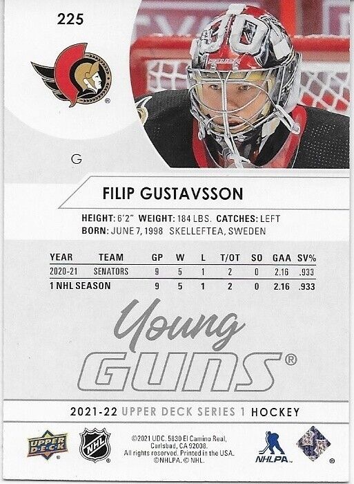 Autographed 2021-22 UD Ottawa Senators Filip Gustavsson Young Guns Rookie Card