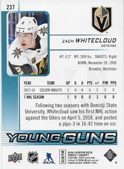 Autographed 18-19 UD Vegas Golden Knights Zach Whitecloud Young Guns Rookie Card