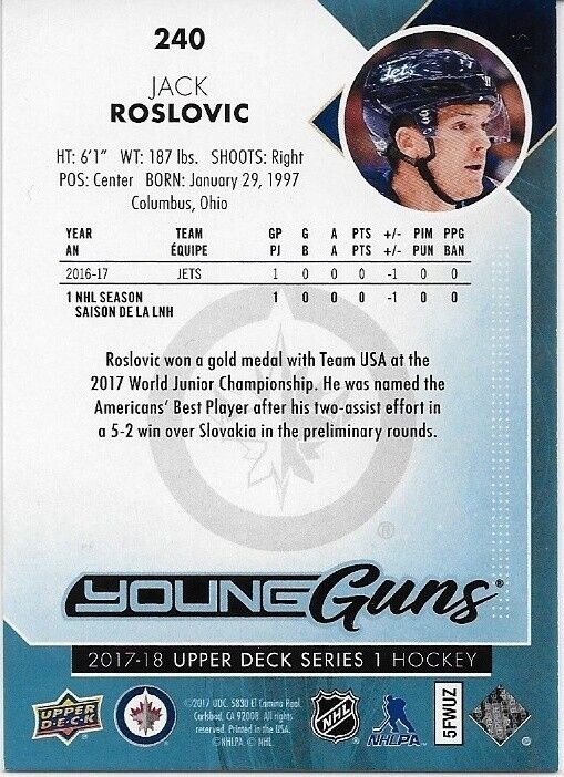Autographed 2017-18 UD Winnipeg Jets Jack Roslovic Young Guns Rookie Card