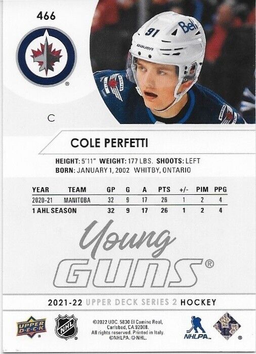 Carte de recrue autographiée Cole Perfetti Young Guns des Jets de Winnipeg 2021-22