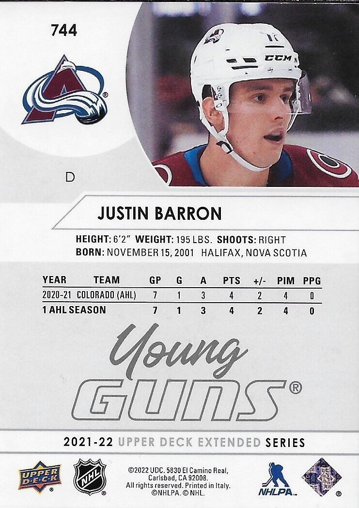 Carte de recrue autographiée Justin Barron Young Guns UD 2021-22 de l'Avalanche du Colorado