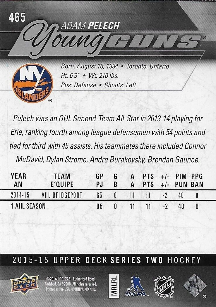 Autographed 2015-16 UD New York Islanders Adam Pelech Young Guns Rookie Card