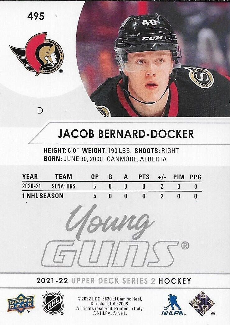 Carte de recrue autographiée Jacob Bernard Docker des Sénateurs d'Ottawa de la saison 21-22