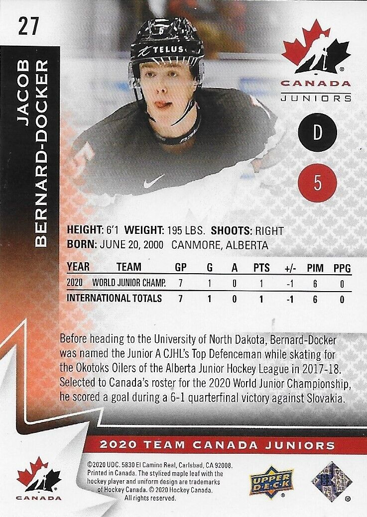 Carte autographiée UD 2020 de l'équipe canadienne junior Jacob Bernard Docker 2/250 originale