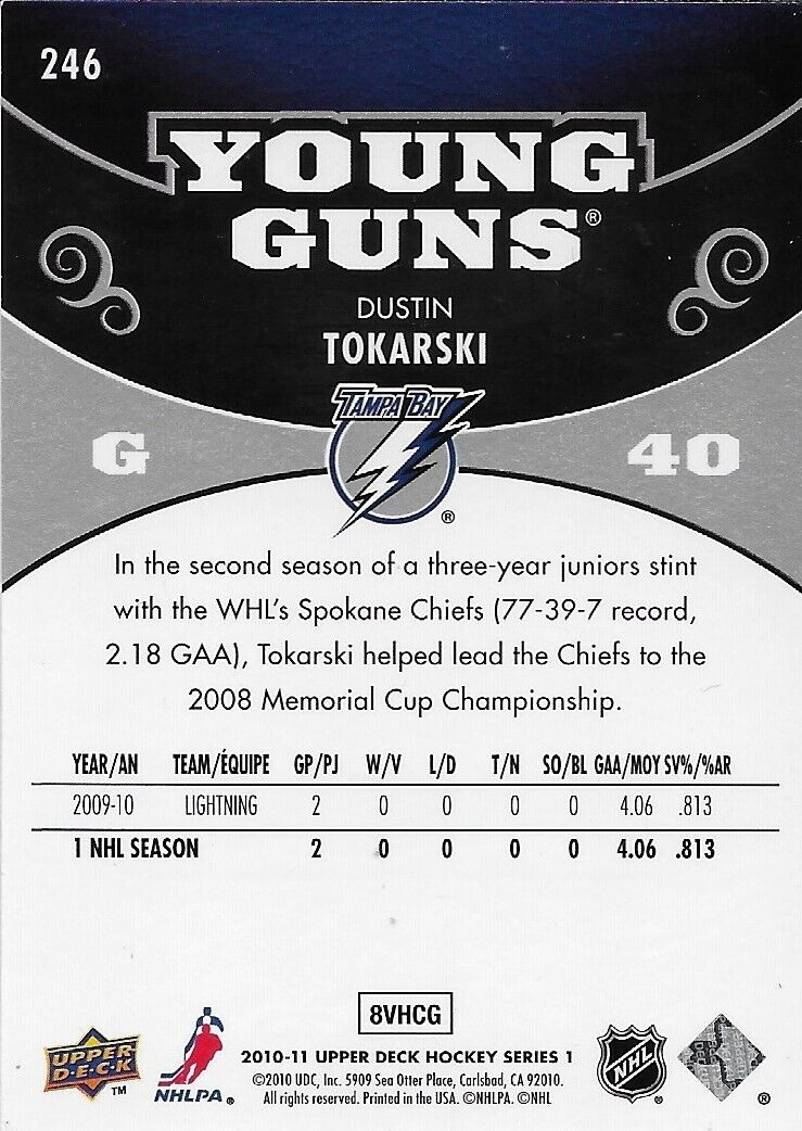 Autographed 10-11 UD Tampa Bay Lightning Dustin Tokarski Young Guns Rookie Card